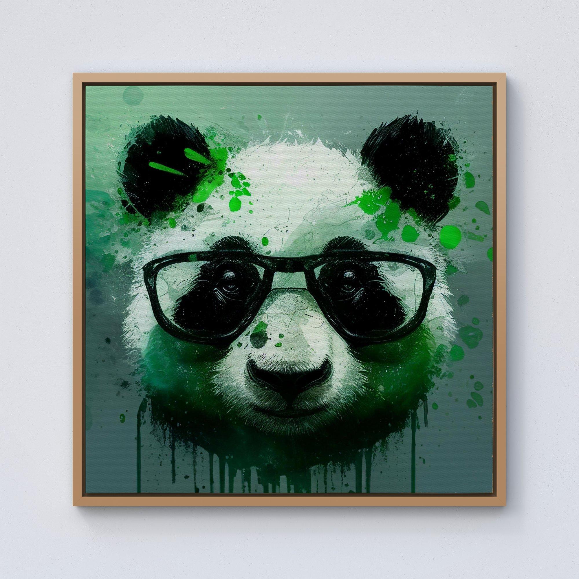 Panda With Glasses, Green Splashart Framed Canvas
